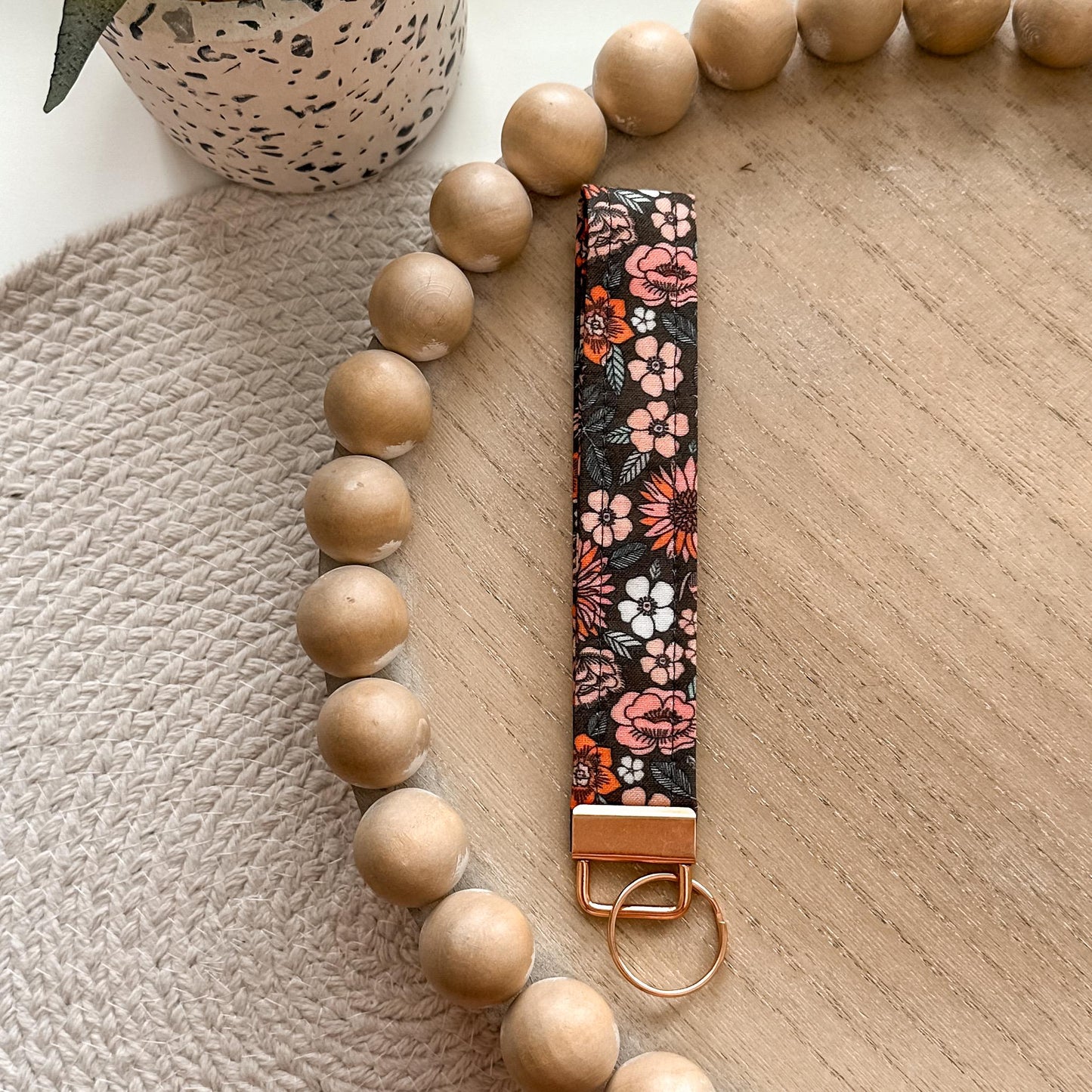 Rose Gold Floral Wristlet Keychain