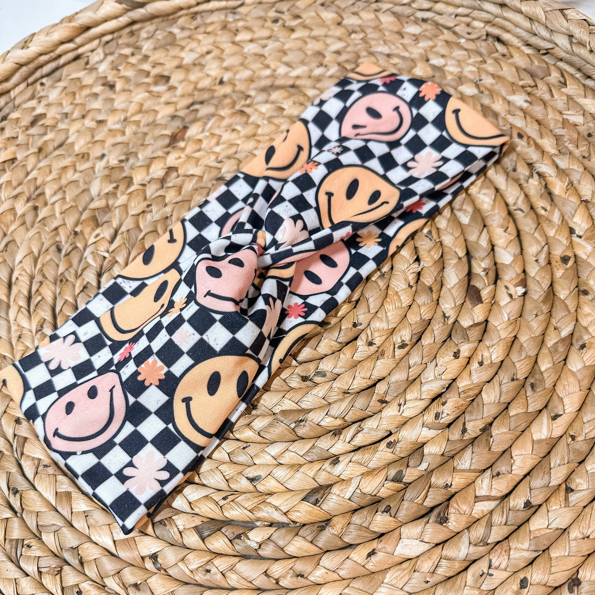 Smile Face Checkered Stretchy Headband