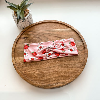 Floral Strawberry Face Smile | Ribbed Strawberry Stretchy Ribbed Headband