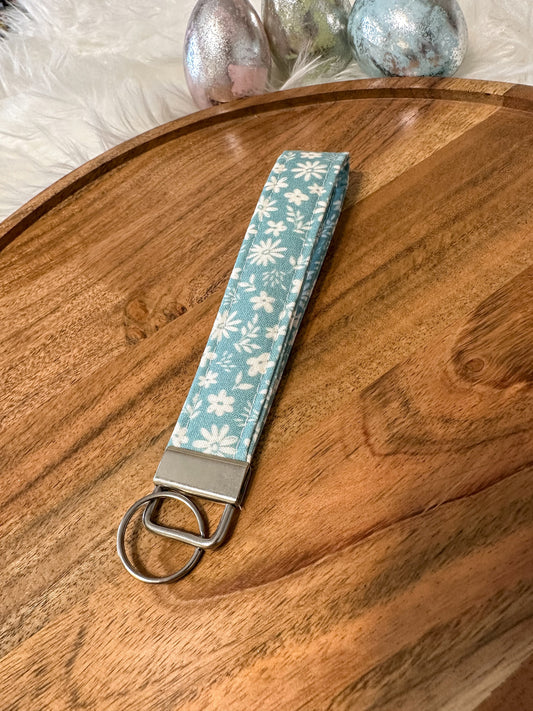 Neutral Blue Floral Wristlet Keychain | Key Fob Wristlet | Key Wrist Lanyard | Gift for Her