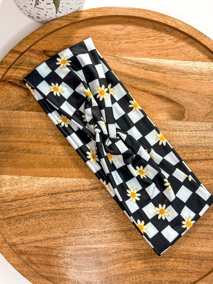 Checkered Floral Headband | Soft and Stretchy Turban Headband | Headband for Women | Double Brushed Poly Twisted Headband