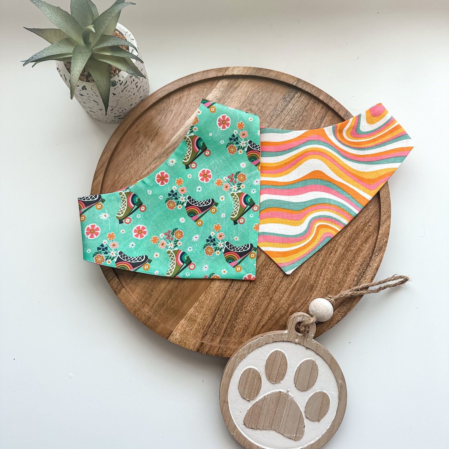 Pink and Mint Retro Skater Floral Waves Dog Bandana